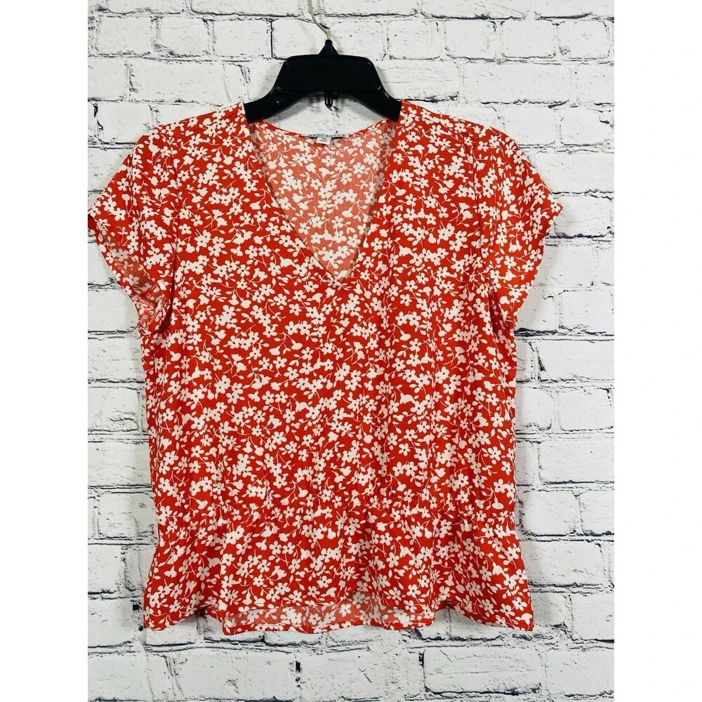 J.Crew Mercantile Women Floral Peplum Blouse V-Neck Short Sleeve Red White XS